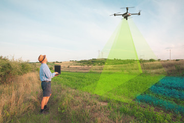 drone agriculture infrared inspection of crops - obrazy, fototapety, plakaty