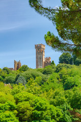 Fototapeta na wymiar The ruins of castle Scaligero surrounded by trees at Valeggio Sul Mincio, Verona, Italy