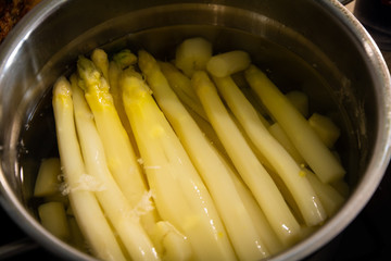 White asparagus boiling in the pot