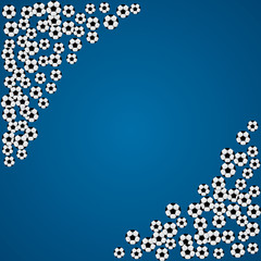 Flying soccer balls confetti corner frame on blue background with space for text. Football symbol. Sports tournament concept.Vector template for cards, banners, posters.