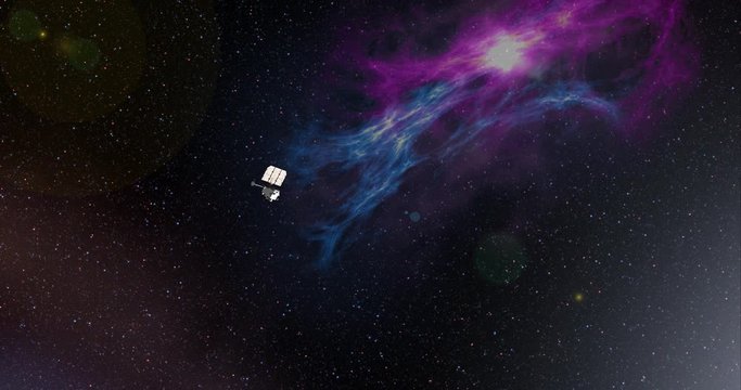 Long shot with lens effects and nebulae: the LRO spacecraft travelling through empty space . Reversible, can be rotated 180 degrees. Elements of this image furnished by NASA.