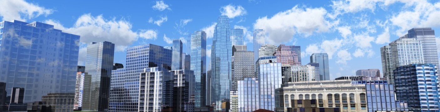 View of the modern city. Panorama of the city center. Skyscrapers against the sky.
3D rendering
