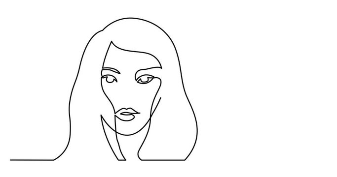 Animation of continuous line drawing of long hairstyle woman portrait