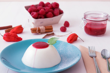 Panna Cotta, traditional sweet Italian dessert, with raspberry puree and touch of red hot Bhut jolokia chilli and cinnamon, decorated with leaf of fresh mint. Turquoise dessert saucer, the close up.