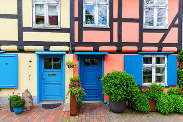 half-timbered houses at the Johanniskloster in Stralsund, Germany