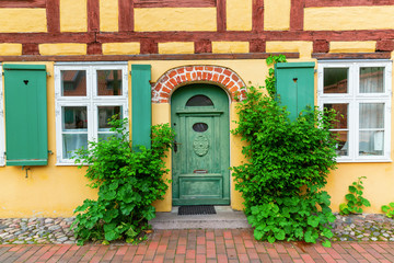 Fototapeta na wymiar half-timbered houses at the Johanniskloster in Stralsund, Germany