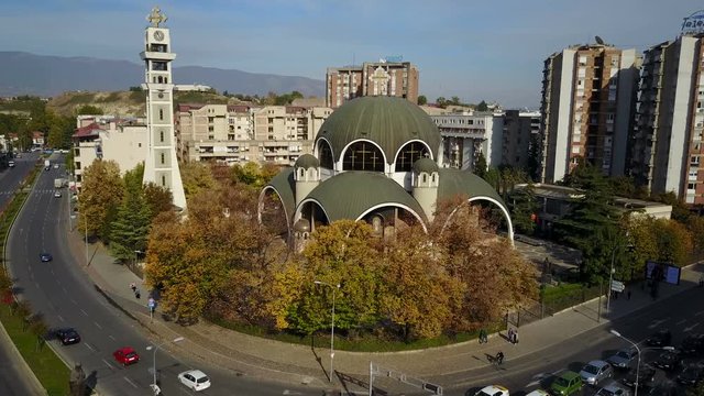 Aerial view of Saint Clement of Ohrid Orthodox church in Skopje, Macedonia