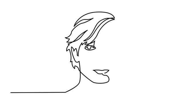 Animation of continuous line drawing of long haired man portrait