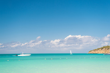 Enjoy cruise. Travel ship touristic boat tranquil lagoon. Sky with clouds over calm tropical sea. Boats touristic sailing ships in turquoise ocean lagoon. Sea ship leisure for holidaymakers