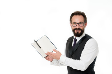 Planning my day. Time management skills. Businessman planning schedule hold notepad. Man bearded manager happy smiling face. Successful businessman planning business meeting, copy space