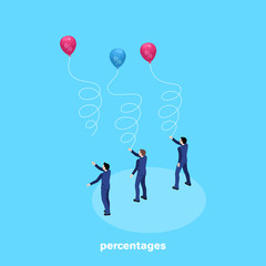 men in business suits launch balloons with percentages into the sky, an isometric image