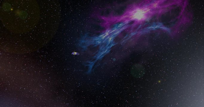 Long shot with lens effects and nebulae: the Maven spacecraft travelling through empty space . Reversible, can be rotated 180 degrees. Elements of this image furnished by NASA.