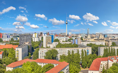 Eastern Berlin from above: modern buildings, television tower on Alexanderplatz and city skyline