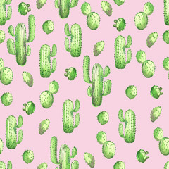 A seamless watercolor pattern with green cactus on a pink background. handmade
