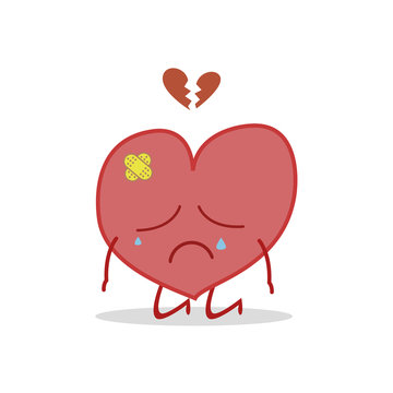 Vector illustration of a sick and sad heart in cartoon style.