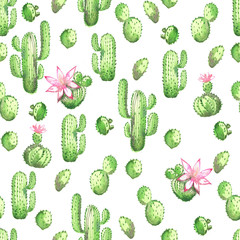A seamless watercolor pattern with green cactus and pink flowers on a white background. Handmade
