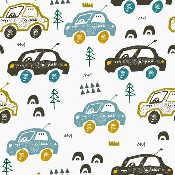 Pattern with cars. Hand drawn autos on the road. Scandinavian style design. Decorative abstract art.