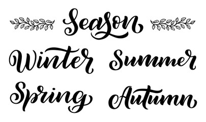 Handwritten names of seasons: winter, spring, autumn, summer. Calligraphy words for calendars and organizers