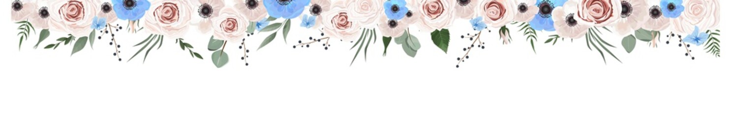 Horisontal botanical vector design banner. Pink rose, eucalyptus, succulents, flowers, greenery. Natural spring card or frame.