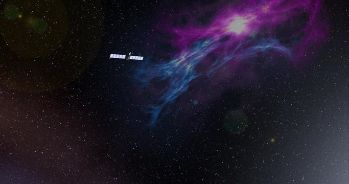 Long shot with lens effects and nebulae: the Rosetta spacecraft travelling through empty space . Reversible, can be rotated 180 degrees. Elements of this image furnished by NASA.