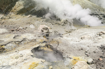 Thermal activity in the crater of the active volcano of White Island, Whakaari, off the Bay of Plenty coast, New Zealand. Yellow crystals of sulphur and boiling water in the foreground.