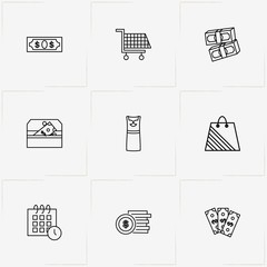 Shopping line icon set with dress, coins and shopping bag