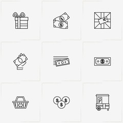Shopping line icon set with shop basket, money and gift