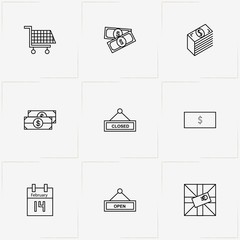 Shopping line icon set with parcel, shopping trolley  and open signboard