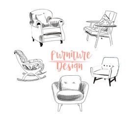 vector interior design illustration.living room furniture. hand drawn watercolor sketch. Mid century modern. hand drawn furniture collection. 