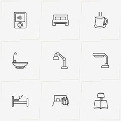 Sleep line icon set with table lamp , bed and music player