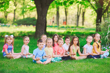 Fototapeta na wymiar A large group of children engaged in yoga in the Park sitting on the grass.