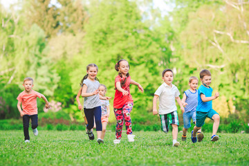 Fototapeta premium Wiele różnych dzieci, chłopców i dziewcząt biegających po parku w słoneczny letni dzień w zwykłych ubraniach