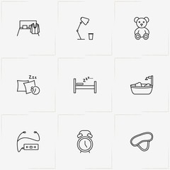 Sleep line icon set with alarm , sleeping and table lamp