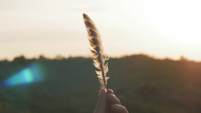 Woman with a bird's feather in hand against the beautiful setting sun, freedom concept 