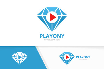 Vector diamond and play button logo combination. Jewelry and record symbol or icon. Unique gem and connect logotype design template.