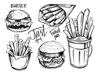 French fries and burger sketch - obrazy, fototapety, plakaty