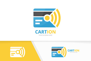 Vector credit card and wifi logo combination. Gift and signal symbol or icon. Unique discount and radio logotype design template.