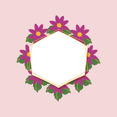 decorative frame in hexagon shape with beautiful flowers over pink background, colorful design. vector illustration