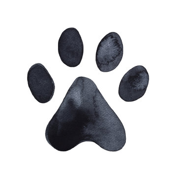 Dog or cat paw print graphic illustration. Cute animal element for decoration, design, craft projects, scrapbooking, pet tags. Hand drawn watercolour drawing on white background, isolated clip art.