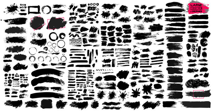 Big Set of black paint, ink brush strokes, brushes, lines, grungy. Dirty artistic design elements, boxes, frames. Vector illustration. Isolated on white background. Freehand drawing