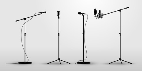 Set of microphones on counter. Flat design silhouette microphone, music icon, mic. Vector illustration. Isolated on white background