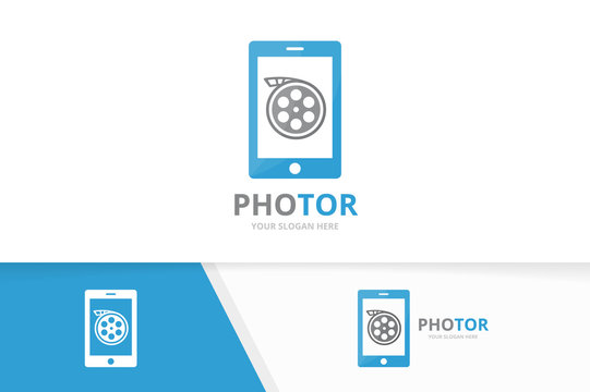 Vector movie and phone logo combination. Cinema and mobile symbol or icon. Unique film and device logotype design template.