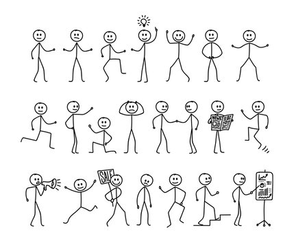 Set of man drawing, different poses, stick figure people pictogram. Freehand drawing. Vector illustration. Isolated on white background