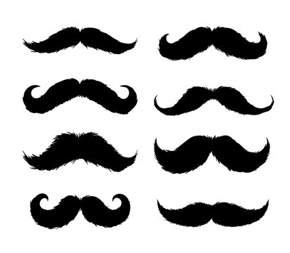Set of Moustaches sticker. Hand drawn black silhouettes for paper cutting design. Mustache for barbershop or mustache carnival. Freehand drawing. Vector illustration. Isolated on white background