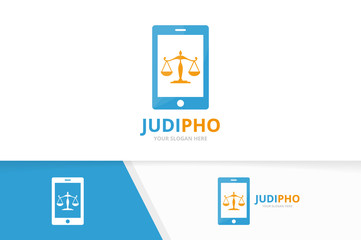 Vector libra and phone logo combination. Scales and mobile symbol or icon. Unique law and device logotype design template.