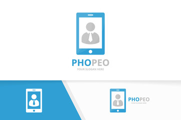 Vector man and phone logo combination. People and mobile symbol or icon. Unique human and device logotype design template.