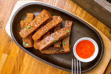 fried croutons with sweet chili sauce
