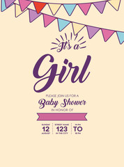 its a girl baby shower invitation with decorative pennants over orange background, colorful design. vector illustration
