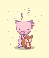 cute pig and squirrel with serpentine and confetti around over yellow background, colorful design. vector illustration