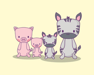 cute zebra and pigs over yellow background, colorful design. vector illustration